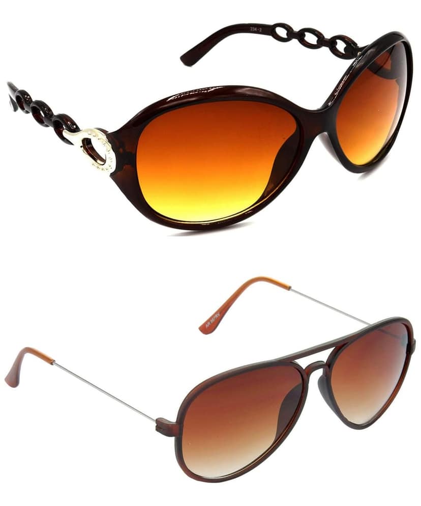 Hrinkar Unisex Round Sunglasses Brown Frame, Brown Lens (Medium) - Pack of 2