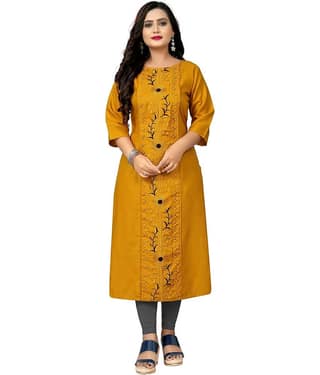 RIAANA Pack of 1 Cotton Blend Embroidered Straight Women's Kurti - ( Mustard )
