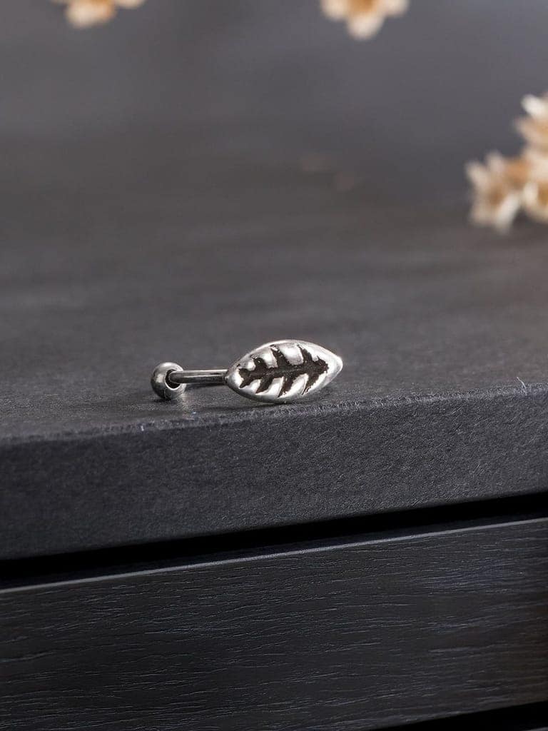 925 Sterling Silver Oxidised Leafy Nose Pin Studs For Women view 9