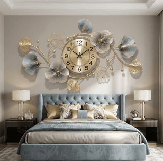 Modern Floral Wall Art Clock with Clock | 3D Metal Wall Decor | Luxury Living Room Wall Clock