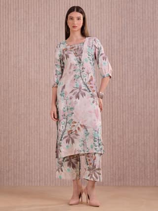 Pink Viscose Blend Floral Printed Kurti Set With Embroidery