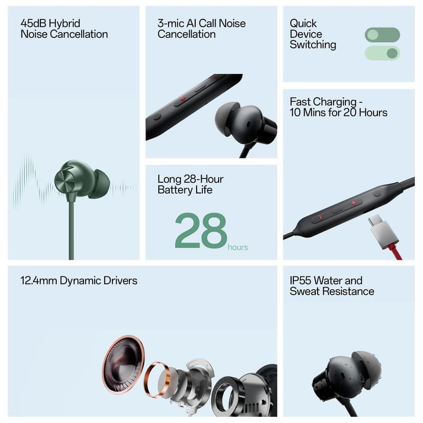 OnePlus Bullets Wireless Z2 ANC Bluetooth in Ear Earphones with Mic, 45dB Hybrid ANC, Bombastic Bass - 12.4 mm Drivers, 10 Mins Charge - 20 Hrs Music, 28 Hrs Battery (Booming Black) IMPORTED view 4