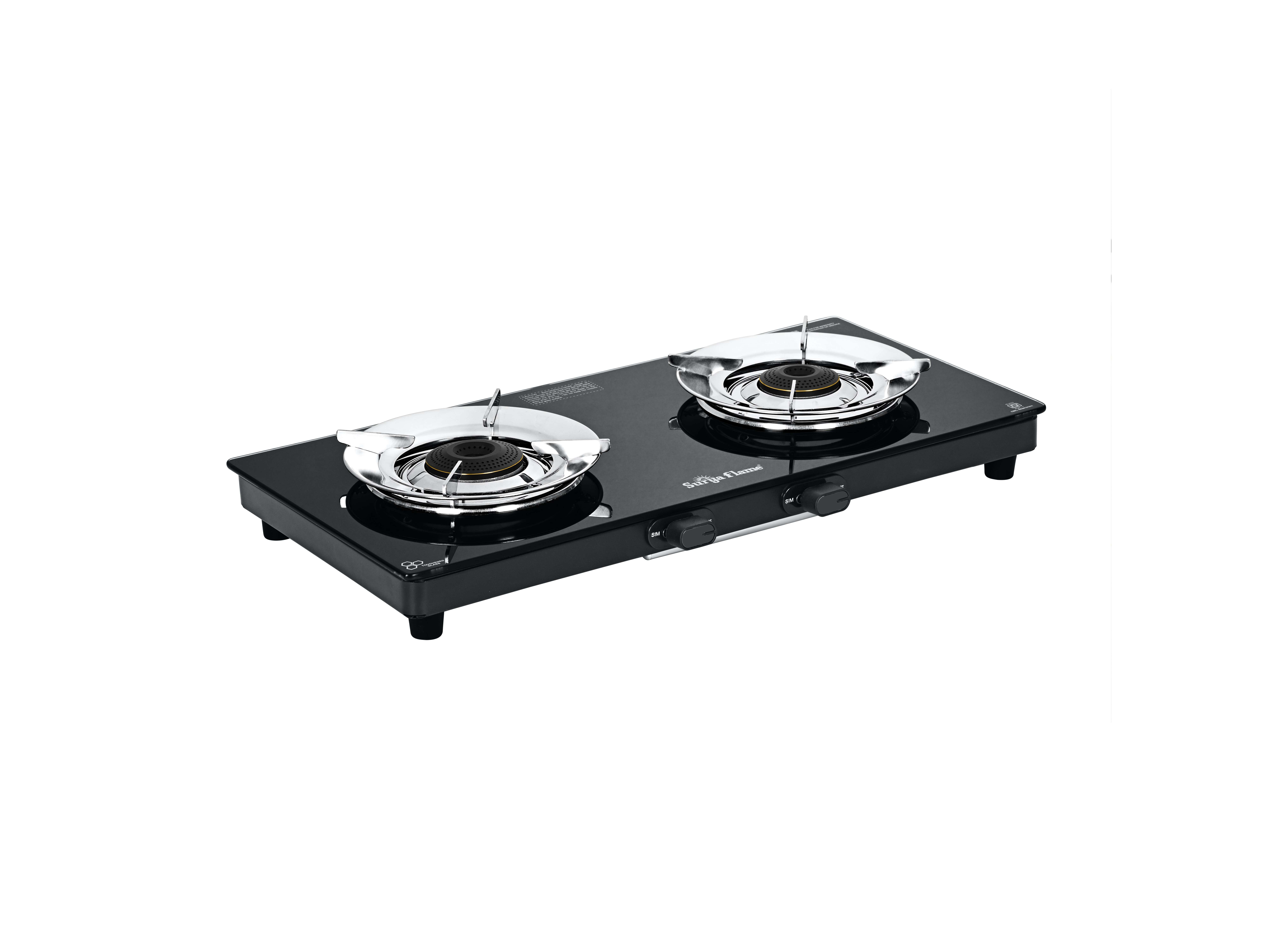 Surya Flame Green 2 Burner Gas Stove, BEE 4-Star Rated, 74% High Efficiency, LERC Design, Tri-Pin Brass Burners, Manual Ignition -Black view 2