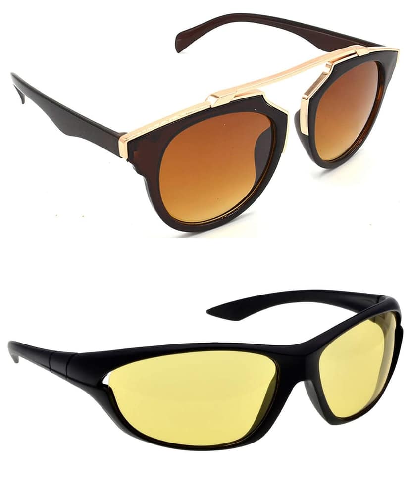 HRINKAR Unisex Wrap-around Sunglasses Golden & Black Frame, Brown & Yellow Lens (Medium) - Pack of 2