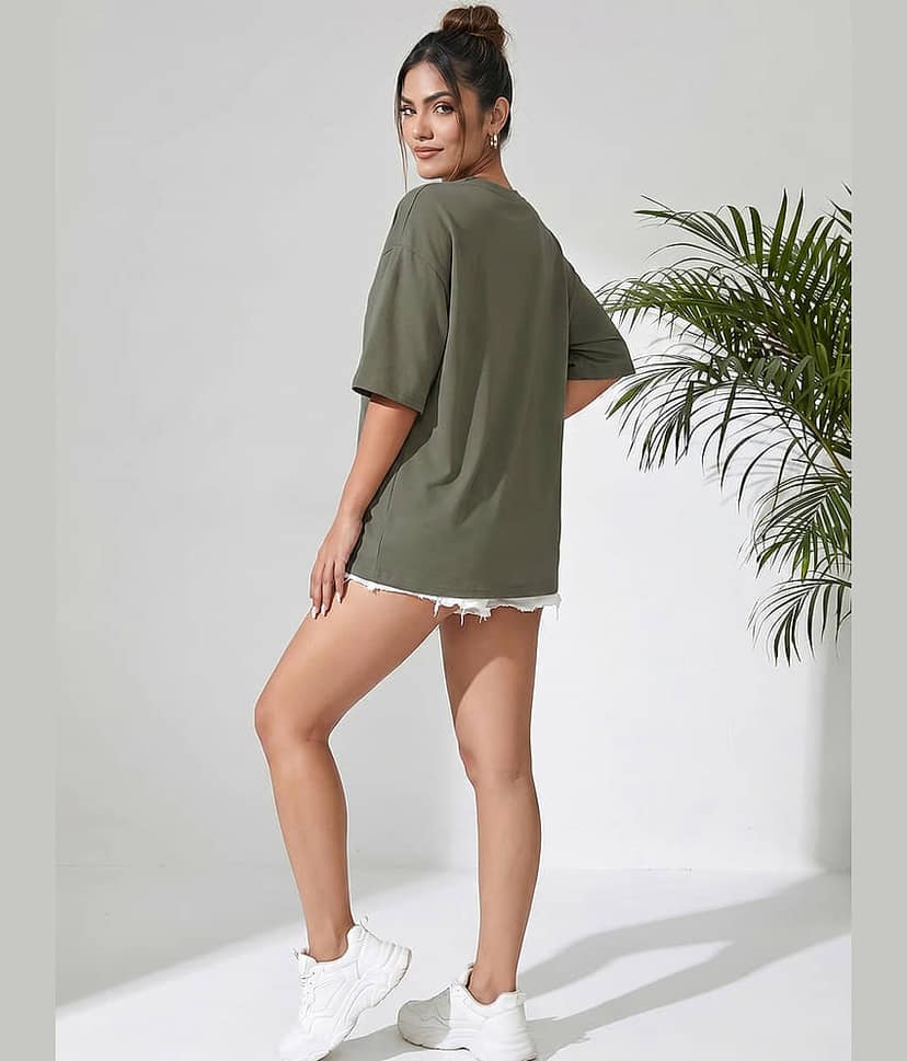 Addyvero Women Cotton Blend Solid Oversized Fit Round Neck T-Shirt ( Olive ) view 2