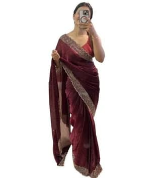 Women's Fendy Chiffon Embellished Saree With Unstitched Blouse - 5.5 Mtr (Wine)