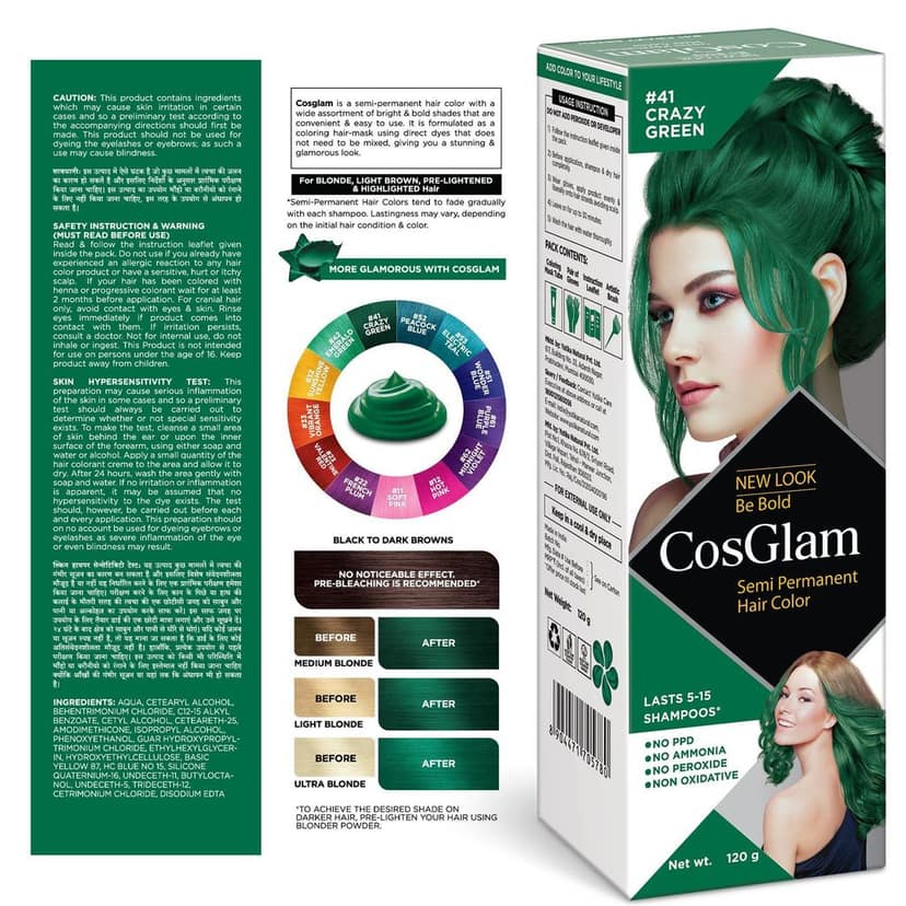 COSGLAM Semi Permanent Hair Color, No Peroxide, Non Oxidative, Ammonia Free Hair Colour 41 Crazy Green - 120gm view 2