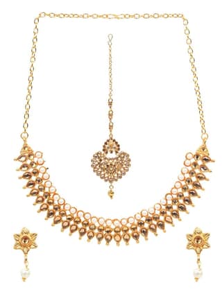 Cardinal Gold Plated Brass American diamond Choker Necklace Set & Maang Tika