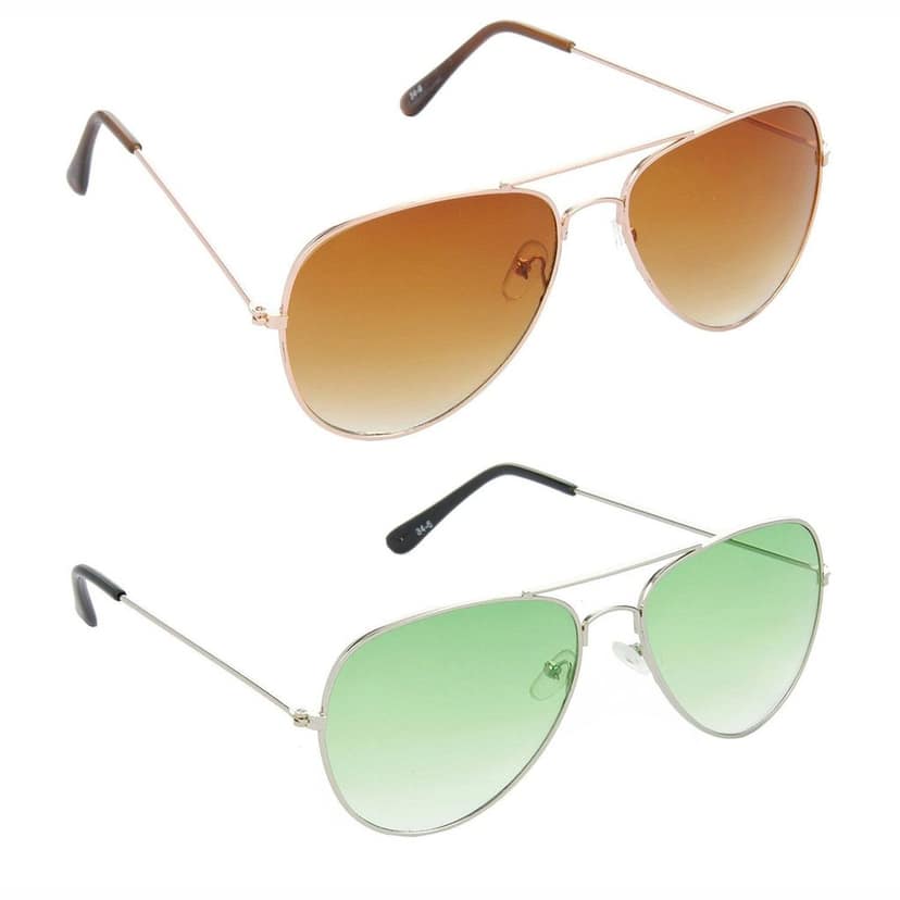 HRINKAR Men Women Boys & Girls Pilot & Rectangular Sunglasses Golden & Silver Frame, Brown & Green Lens (Medium) Pack of - 2