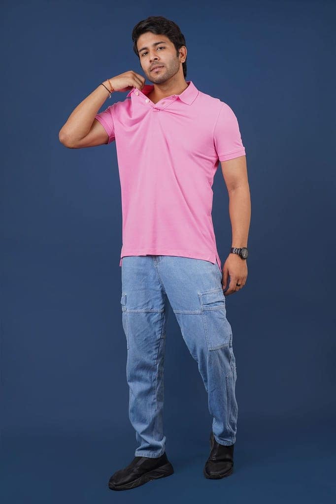 Men's Pink Solid Polo T-Shirt view 3