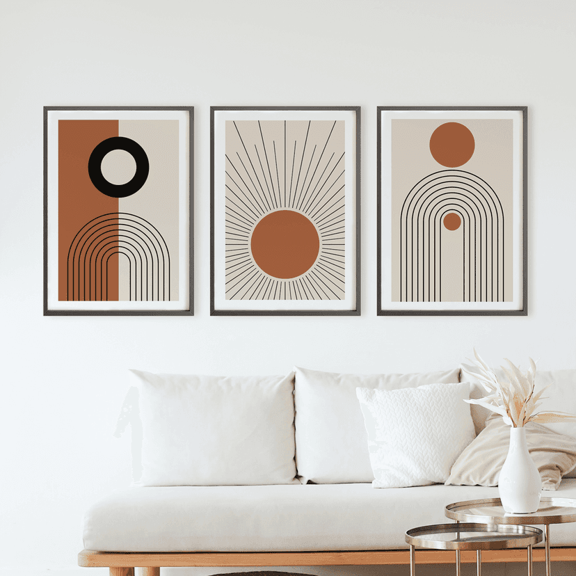 Rustic Charm Set of 3 Abstract Shapes Wall Art for Living room, Office and Hotel | Boho Shapes|9 x 13 inches (A4)|Beige