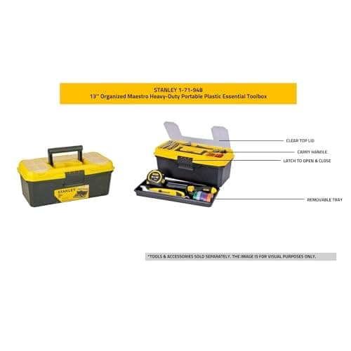 STANLEY 1-71-948 13'' Organized Maestro Heavy-Duty Portable Plastic Essential Toolbox With Clear Top Lid & Removable Tray Compartment For Easy & Convenient Storage,1 Year Warranty,YELLOW,32x13.5x15 cm view 3