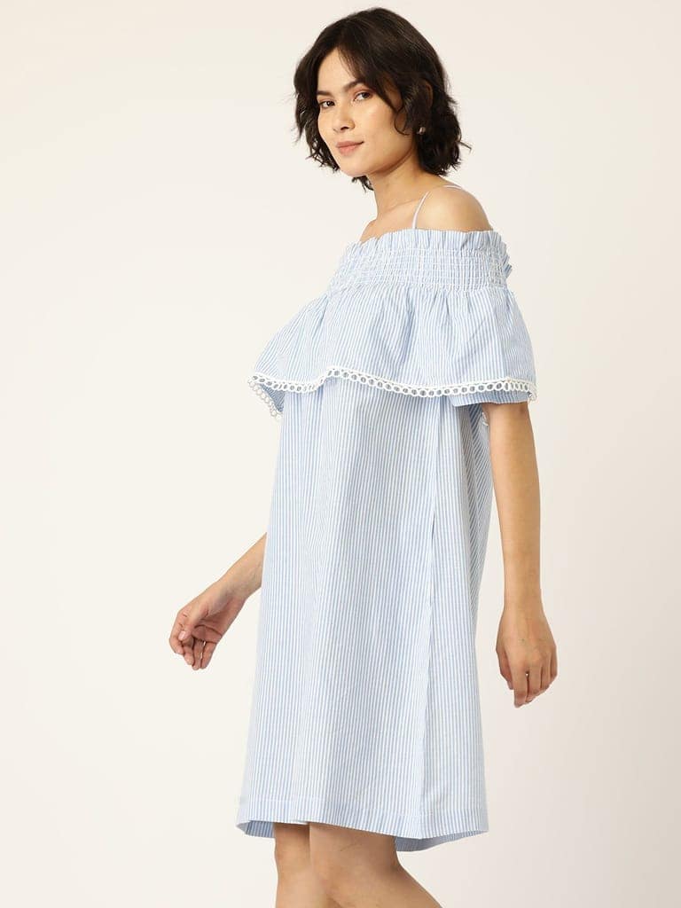 Blue & White Pure Cotton Striped Blouson Dress view 3