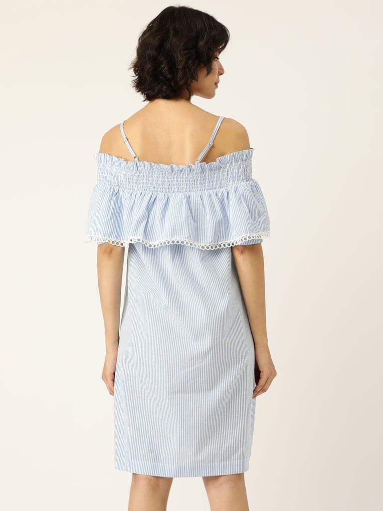 Blue & White Pure Cotton Striped Blouson Dress view 4