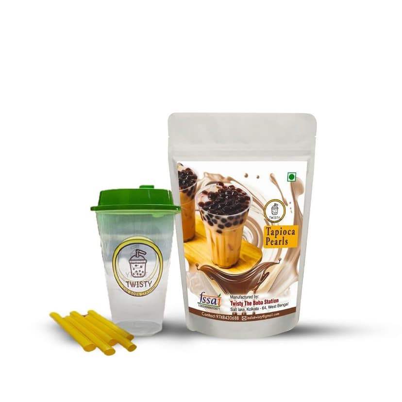 Tapioca Pearls Combo Kit | Boba Sipper Cup I Brown Sugar I 5 Straws (12 mm) | Popping Pearls For Boba Tea, Curd, Cold Coffee And More | (250 grams)