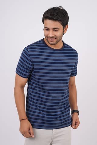 Men's Blue Striped Crew Neck T-Shirt