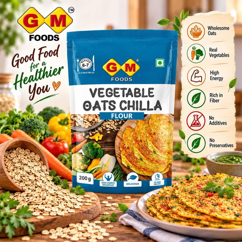 GM Foods Vegetable Oats Chilla Flour 200 Gram (Pack of 2) | Nutritious & High Protein Instant Breakfast | Multigrain Cheela Powder | Ready in 3 Easy Steps | Fibre Rich Meal for Kids & Adults view 3