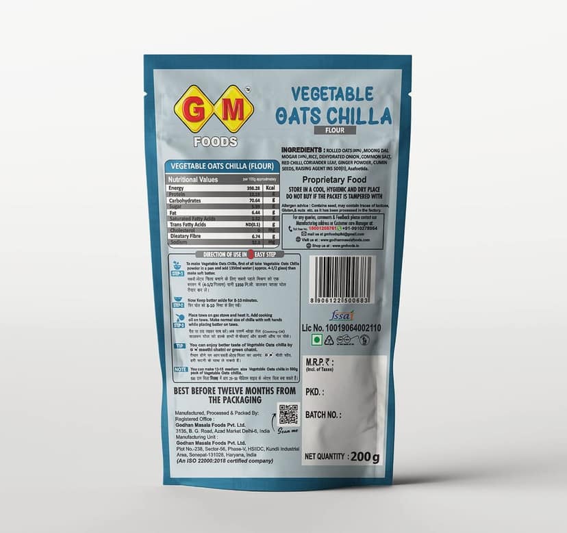GM Foods Vegetable Oats Chilla Flour 200 Gram (Pack of 2) | Nutritious & High Protein Instant Breakfast | Multigrain Cheela Powder | Ready in 3 Easy Steps | Fibre Rich Meal for Kids & Adults view 4
