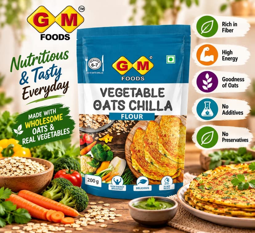 GM Foods Vegetable Oats Chilla Flour 200 Gram (Pack of 2) | Nutritious & High Protein Instant Breakfast | Multigrain Cheela Powder | Ready in 3 Easy Steps | Fibre Rich Meal for Kids & Adults view 6