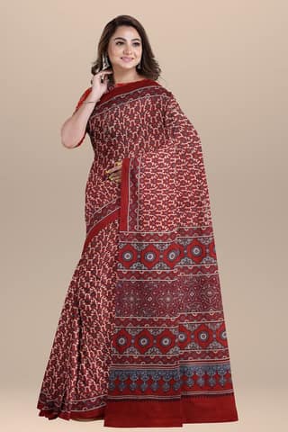 Pastel Red Ajrakh Hand Block Printed Cotton Saree with Floral and Geometrical Print SKU-BS10076