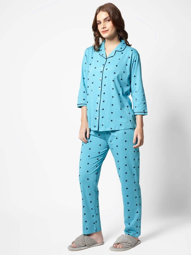 Zeyo Women Green Heart print Stylish Night suit set view 3