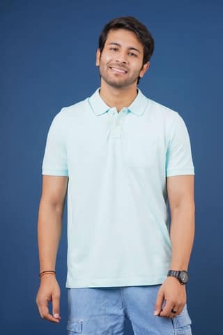 Men's Water Blue Pocket Polo T-Shirt
