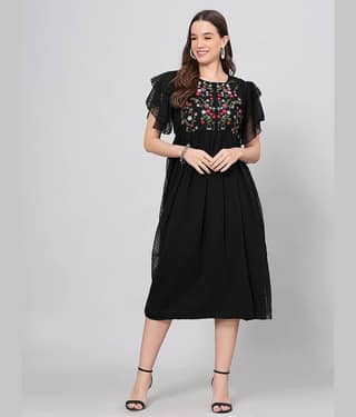JC4U Women Crepe Printed Fit & Flare Dress ( Pink )