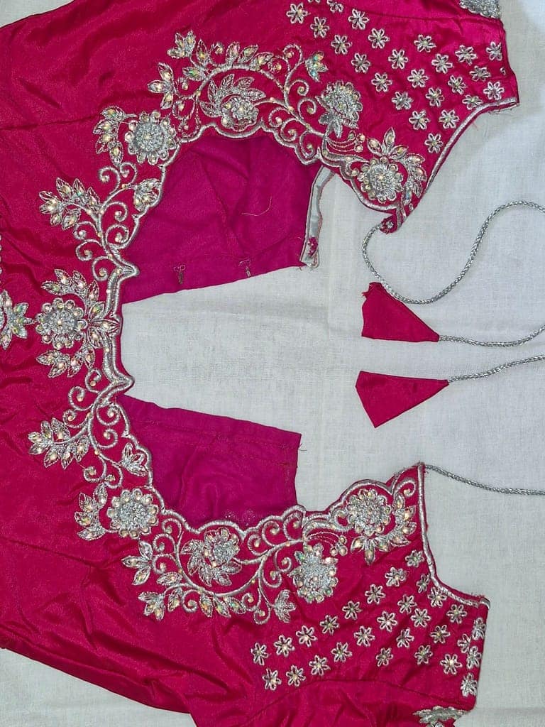Embroidered magenta pink silk blouse with silver zari work view 2