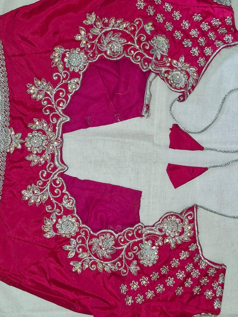 Embroidered magenta pink silk blouse with silver zari work view 3