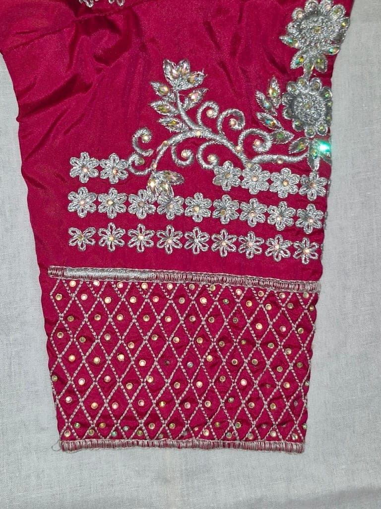 Embroidered magenta pink silk blouse with silver zari work view 4