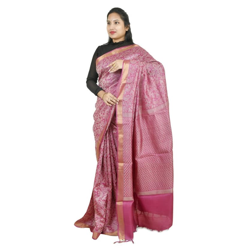 Tribes India Women's Pink Zari Woven Saree view 2