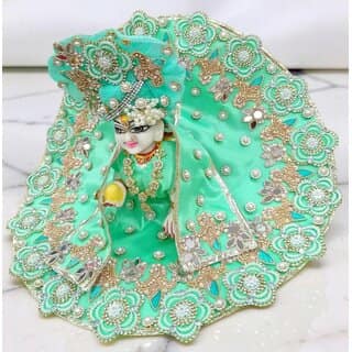 Sea Green Laddu Gopal Dress, Pearl Work, Floral Embroidery, Matching Pagdi view 2