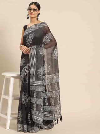 Women's Pure Cotton block print saree with unstiched blouse piece