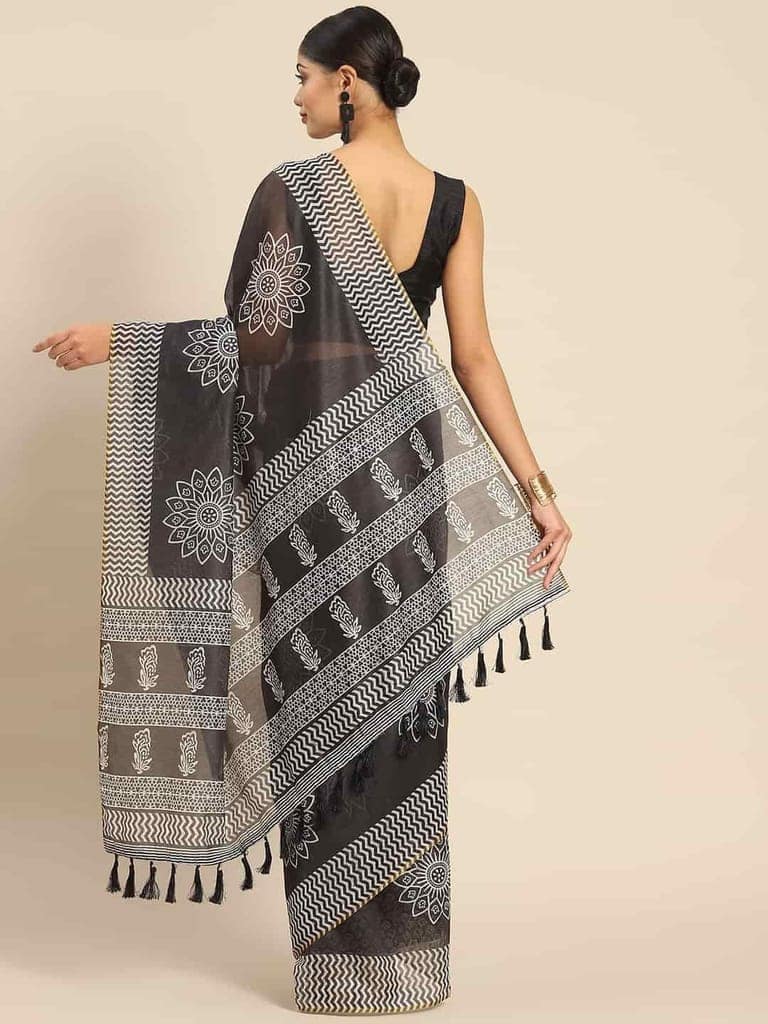 Women's Pure Cotton block print saree with unstiched blouse piece view 2