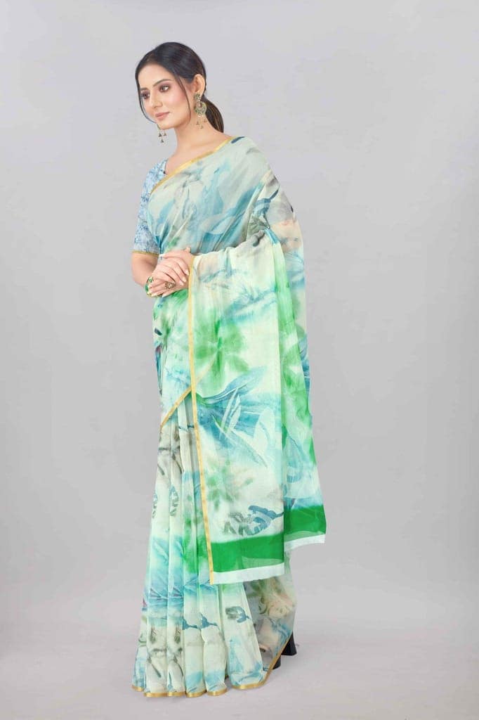 Green Organza Digital Printed Saree with Zari Border view 2