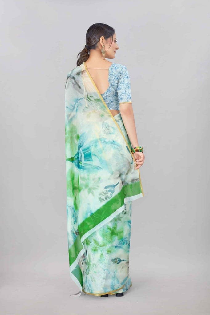 Green Organza Digital Printed Saree with Zari Border view 3