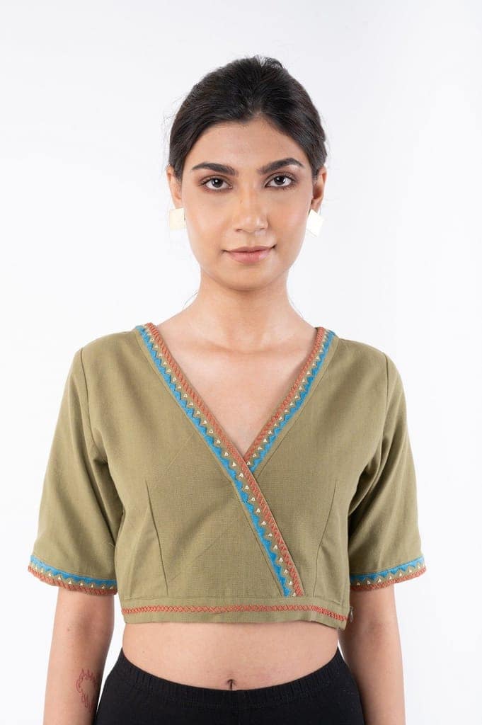 Shifrah Soof Embroidered Olive Half Sleeve Blouse view 3