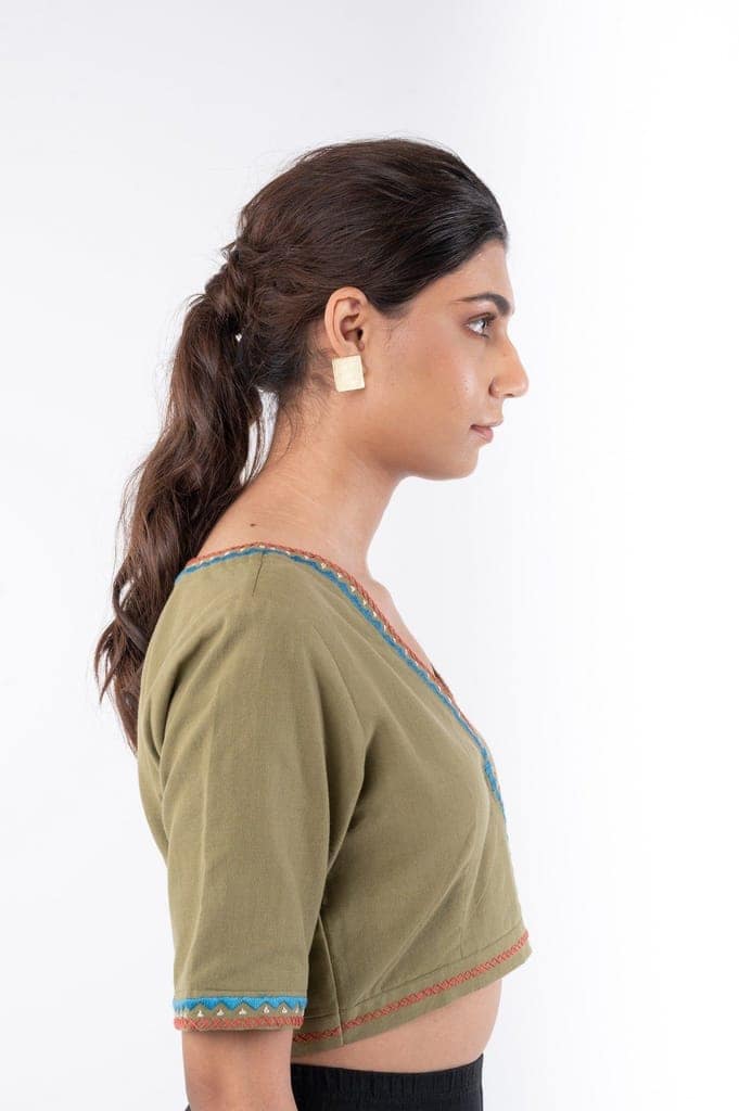 Shifrah Soof Embroidered Olive Half Sleeve Blouse view 7