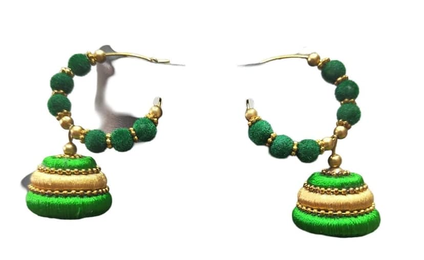 Green Silk Thread Jhumka Earrings with Golden Beads view 4