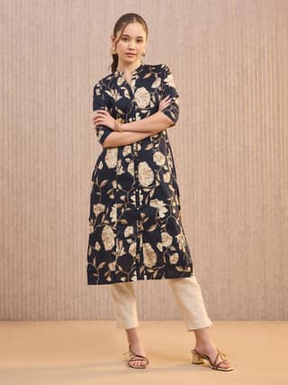 Navy Blue Pure Cotton Printed Kurti With Princess Cut