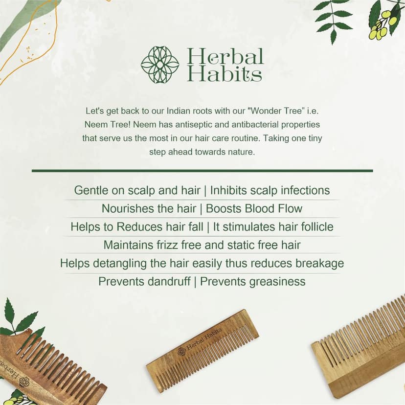 Herbal Habits Kacchi Neem Comb Combo (Pocket comb, Handle comb & Dual Tooth comb) view 3