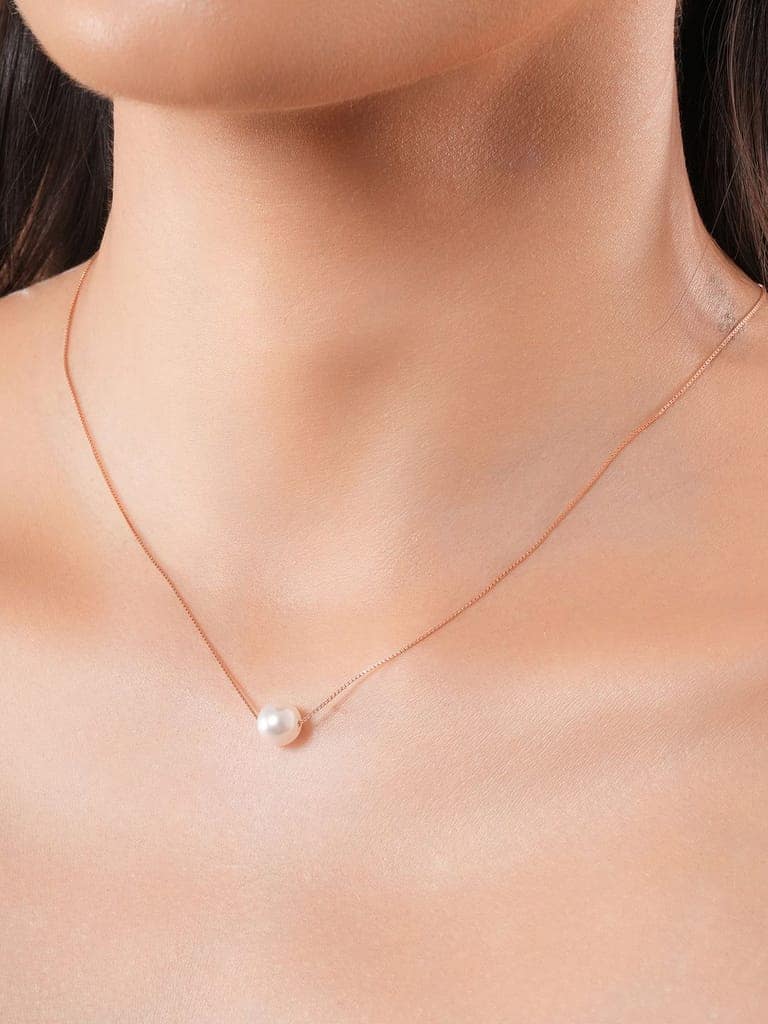 925 Sterling Silver Rose Gold Pearl Beaded Minimal Delicate Necklace & Chain view 2
