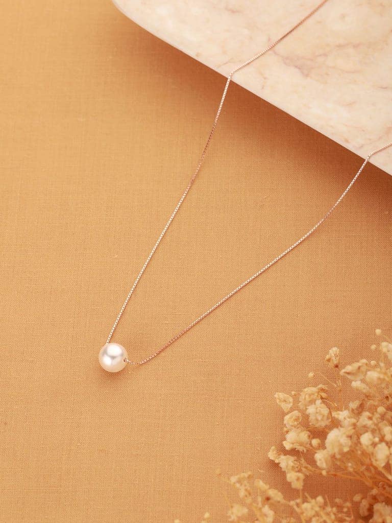 925 Sterling Silver Rose Gold Pearl Beaded Minimal Delicate Necklace & Chain view 3