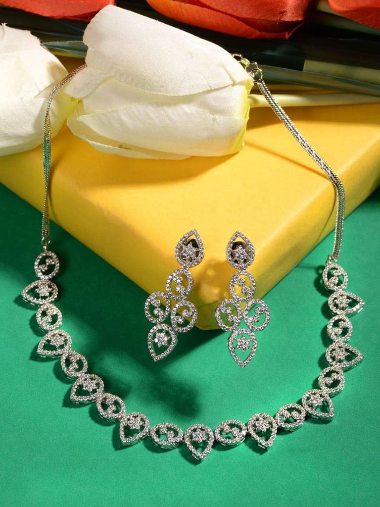 Silver white Rhodium AD Studded Statement Minimal Necklace Jewellery Set view 7