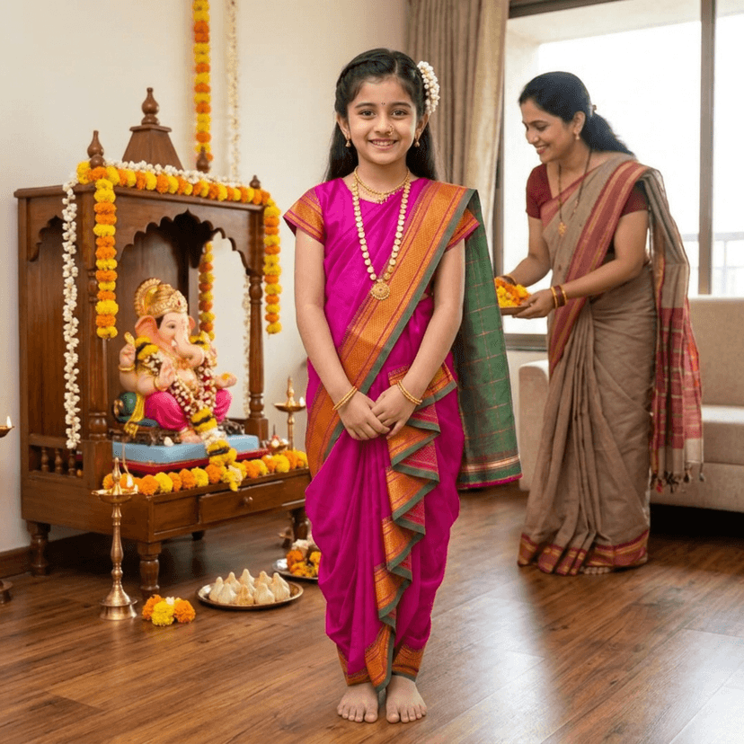 luster Shahi Mastani Nauvari saree for kids/girls Ready-to-wear with a stitched blouse, Traditional Maharashtrian Marathi saree, for School program ganpati pujas festival (Pink, 15-16 Years) view 3