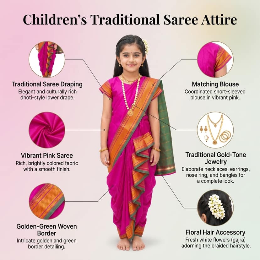 luster Shahi Mastani Nauvari saree for kids/girls Ready-to-wear with a stitched blouse, Traditional Maharashtrian Marathi saree, for School program ganpati pujas festival (Pink, 15-16 Years) view 4
