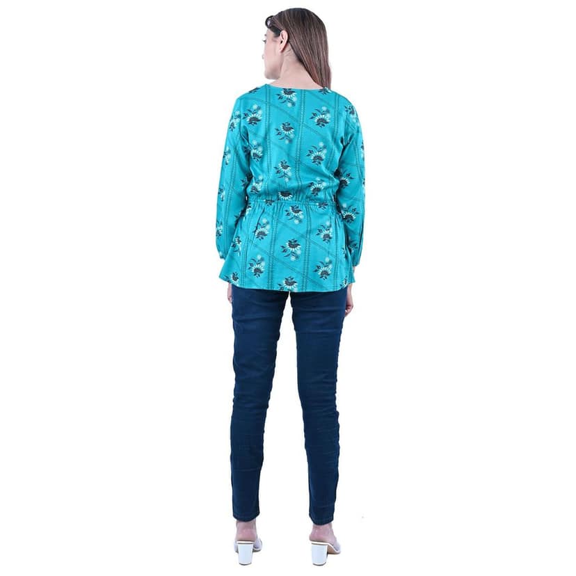 Women's Cotton Rayon Fabric Sangneri Block Printed Causal Frill A- Line Top view 2