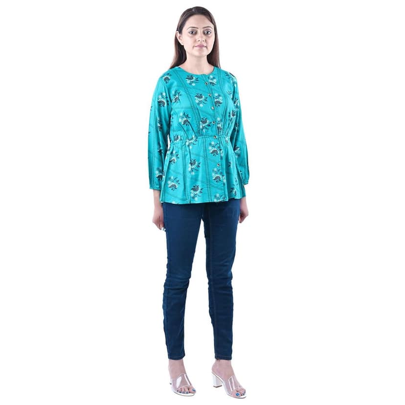 Women's Cotton Rayon Fabric Sangneri Block Printed Causal Frill A- Line Top view 3