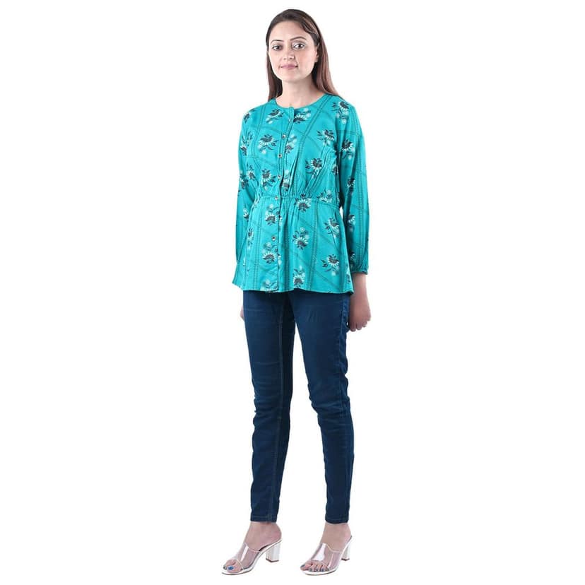 Women's Cotton Rayon Fabric Sangneri Block Printed Causal Frill A- Line Top view 4