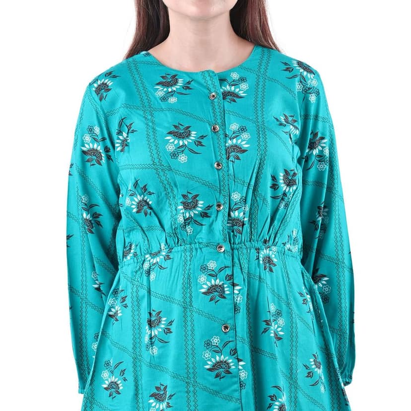 Women's Cotton Rayon Fabric Sangneri Block Printed Causal Frill A- Line Top view 5